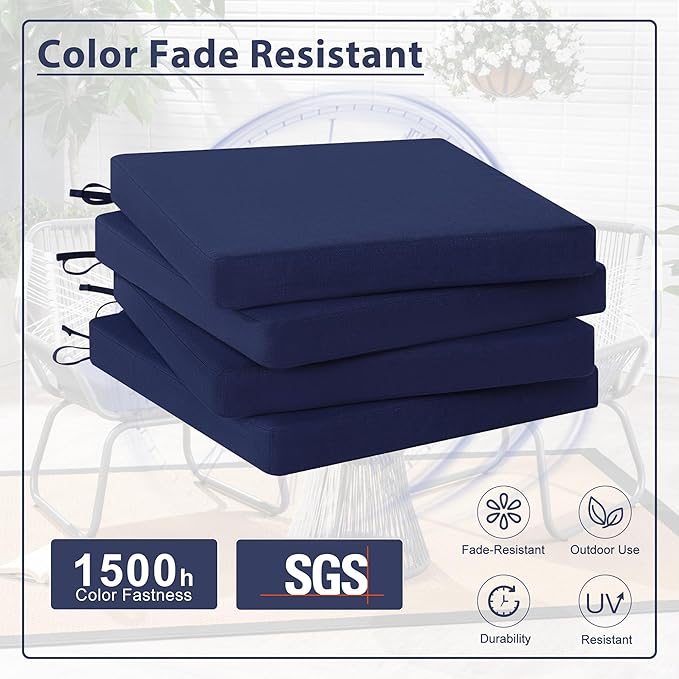 Favoyard Outdoor Chair Cushion Set of 4 Rainproof & Color Fade Resistant 17 x 16 x 2 in Square Corner Patio Furniture Cushions with Waterproof Hidden Zipper Attach Ties for Dining Table Chairs Seats
