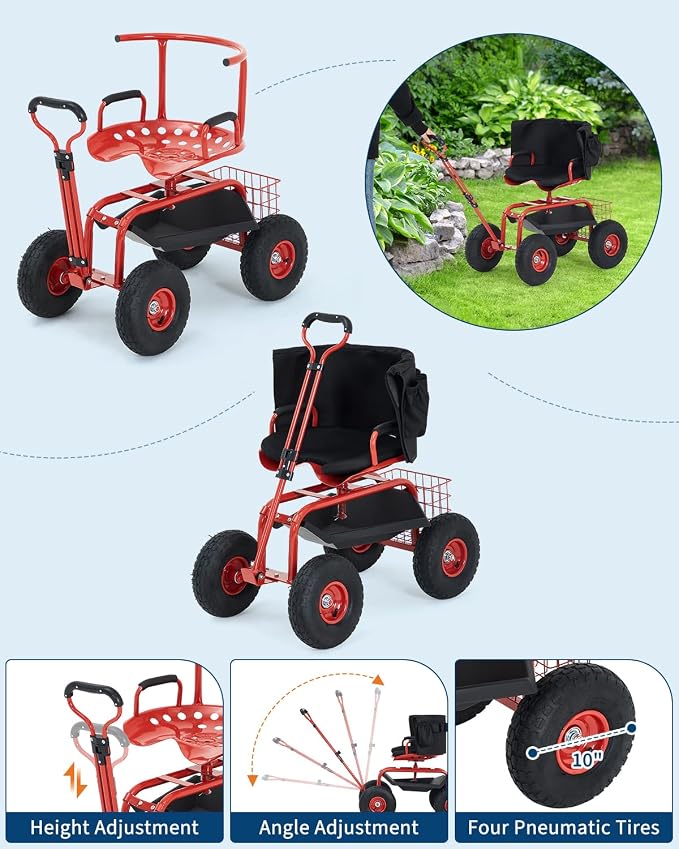 Rolling Garden Work Seat with Wheels, 360° Swivel Seat Gardening Cart with Extendable Steering Handle, Tool Tray and Storage Basket, 300 lbs Capacity, Gardening Stools for Patio, Yard, and Outdoors