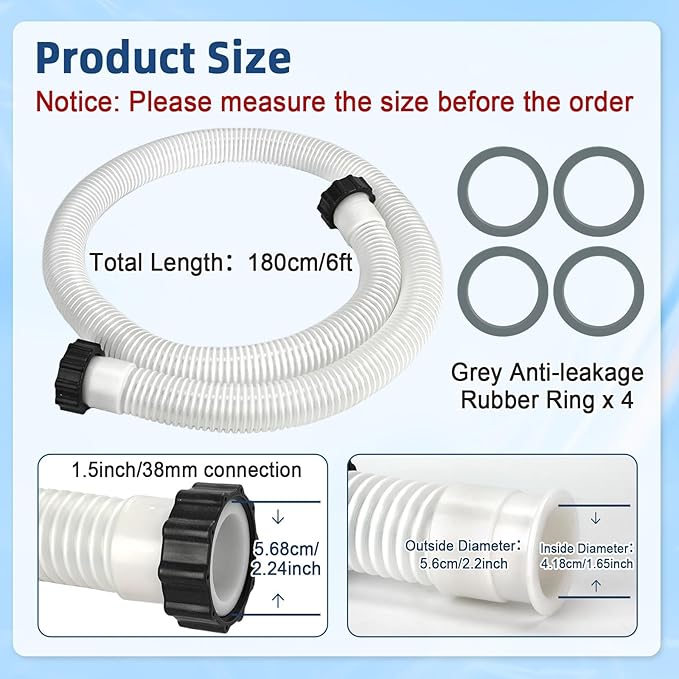 2 Pack 1 1/2 Pool Hose for Above Ground Pool 6ft Pump Replacement Hoses 1.5" EVA Heavy Duty Swimming Pool Hose for Above Ground, Filter Pumps, Saltwater Systems and Sand Filters (White)
