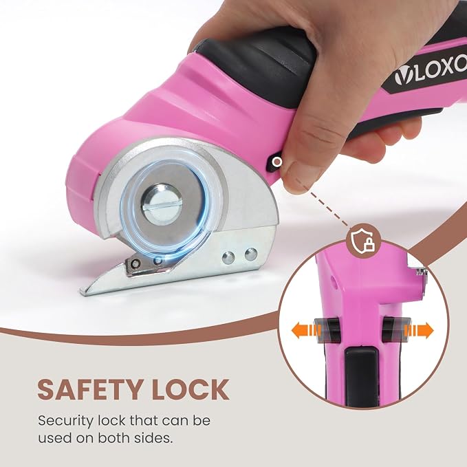 VLOXO Cordless Electric Scissors, Rechargeable Rotary Cutter for Cardboard Leather Fabric Plastic Canvas with Safety Lock, Multi-Purpose Cutting Tool with Replacement Blades and Charger (Pink)