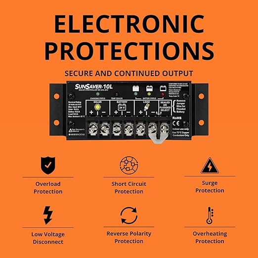 Morningstar SunSaver 10A PWM Solar Charge Controller (SS-10L-24V) - Solar Panel Regulator for 24V Batteries, Four Stage Battery Charging, LVD, HazLoc Rated, Low Noise, 5 Year WTY - Designed in the USA