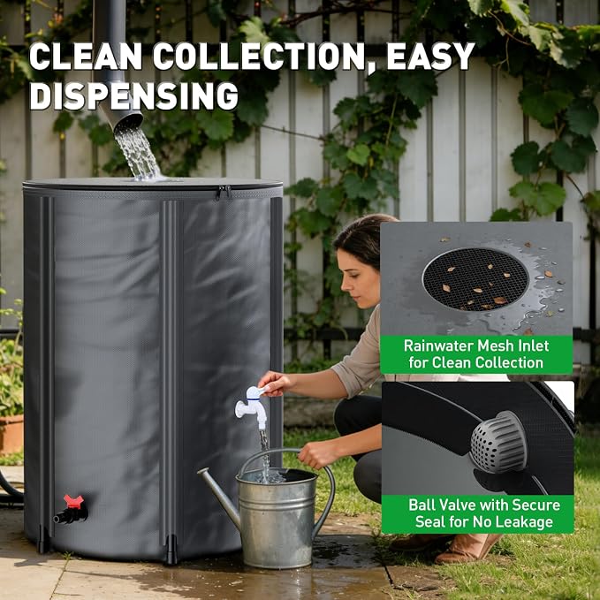 Yesker Collapsible Rain Barrel, 100 Gallon Portable Rainwater Collection System, 550D PVC Water Storage Tank, Rain Catcher with Spigots Filter Overflow Kit, Grey