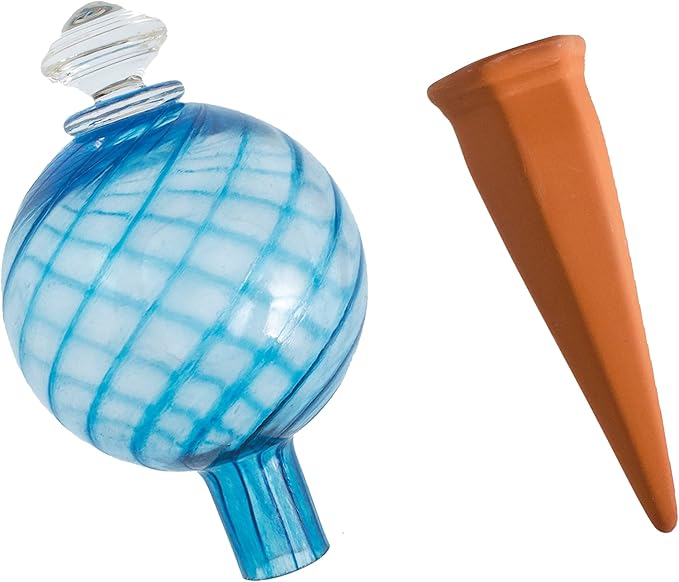 Plant Nanny Spiral Fluted Watering Globe & Stake Set (12 oz, Aqua)