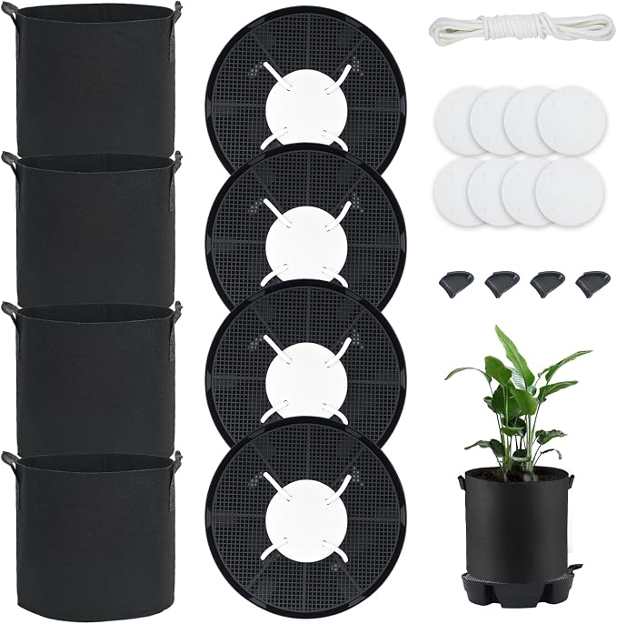 OTraki 4 Pack Self Watering Fabric Pot Base with 5 Gallon Grow Bag | Auto Watering System for 5 Gallon Fabric Pots, Planter Fabric Plant Grow Bag, for Garden Indoor Outdoor Greenhouse