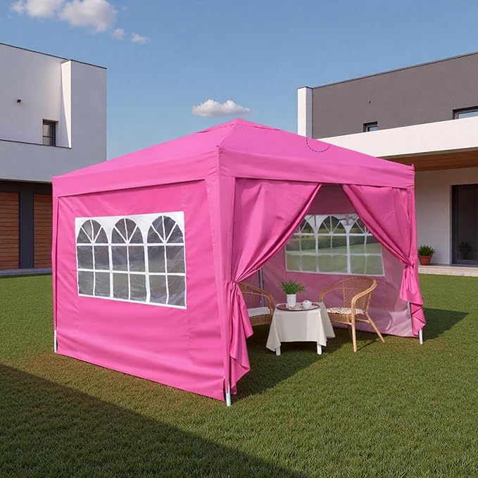 10x10FT Canopy Tent, Outdoor Gazebo Pop up Canopy with 4 Removable Sidewalls & 2 Windows, Patio Camping Shade Canopy with 4 PCS Weight Sand Bag & Carry Bag, Ideal for Parties Events, Magenta