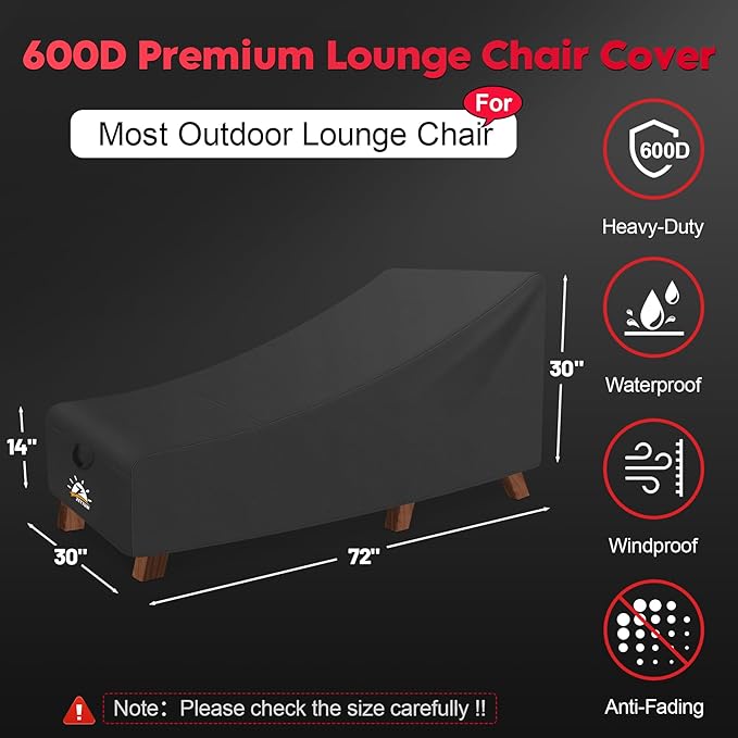 Zettum Outdoor Lounge Chair Cover - Waterproof Patio Chaise Lounge Chair Cover, 600D Heavy Duty Fade-Resistant Outdoor Seating Covers for Pool Lounge Chair, Lawn Bench Furniture 72 x 30 x 30 Inch
