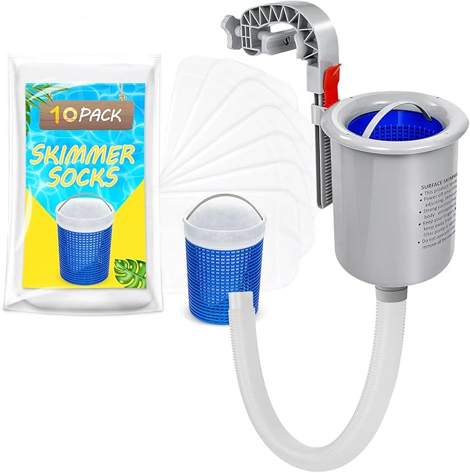 Above Ground Pool Skimmer with 10 PCS Skimmer Socks, Floating Pool Surface Skimmer Basket for Above Ground Pool, Compatible with Intex Inflatable Pools, Efficiently Removes Leaves Debris