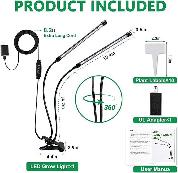 Full Spectrum 84 LED Grow Light for Indoor Plants, 6500K Plant Light with 4/8/12/18H Timer, 10 Dimmable Levels & 3 Modes, Clip-On with UL Adapter & 8.2FT Long Cord