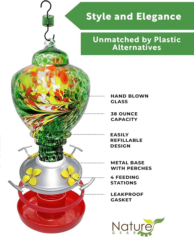 Nature Gear Glass Hummingbird Feeder for Outdoors, Hanging Bird Feeder with Ant Moat, Hand-Blown Glass Garden Feeder, Easy Clean Wide Mouth, Rust Resistant, 38 oz, Emerald Green