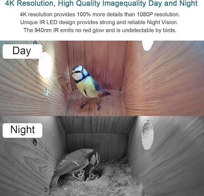 WIWACAM WiFi Bird Box Camera, 4K HD WLAN, Live Video to Phone, Easy Installation to Most of Bird Box Bird House Birdhouse Feeders Nesting, for Robins, Wrens, Tree Swallows, with Night Mode, Recording