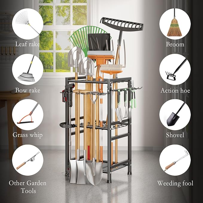 CICUFY Garden Tool Organizer Storage Metal Yard Tool Organizer Heavy Duty Garden Tool Rack Stand with Extra Hooks, Up To 35 Long Handled Shovels/Rakes/Brooms Holder for Garage,Shed,Outdoor(Black)