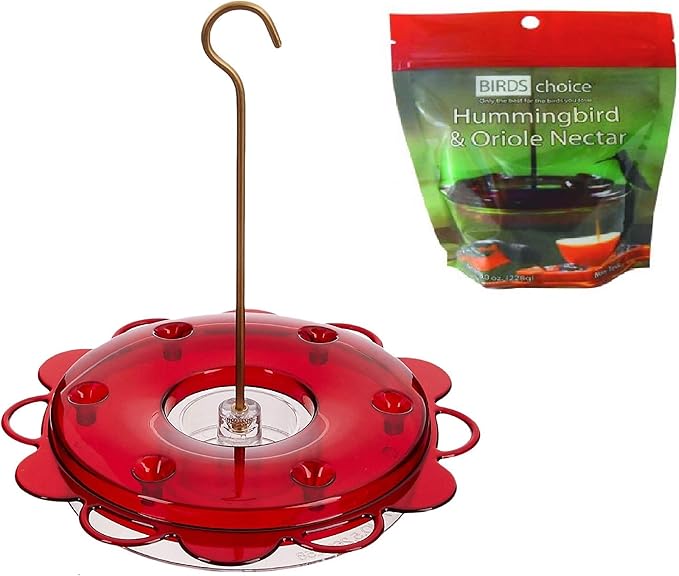 Naturesroom Birds Choice Hummerfest 12 oz Hanging Hummingbird Feeder - NP1002, Red, Plus Bonus Pack of Nectar