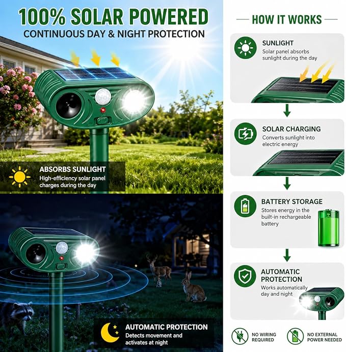 2 Pack Sonic Fortress Pro Deer Repellent Solar Animal Repeller Outdoor, Cats Deterrent Ultrasonic Animal Deterrent with Flashing Light, Deer Rabbit Squirrel Raccoon Fox Cat Repellent for Garden