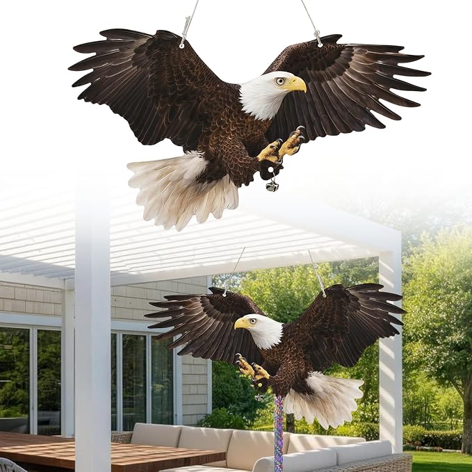 3 Pcs Flat Fake Eagle to Scare Pigeon Woodpecker Away, Hanging Plastic Flat Fake Eagle with Reflective Tape to Scare Animals Away from Contryard Patio Yard Porch Balcony Windows Orchard Farm