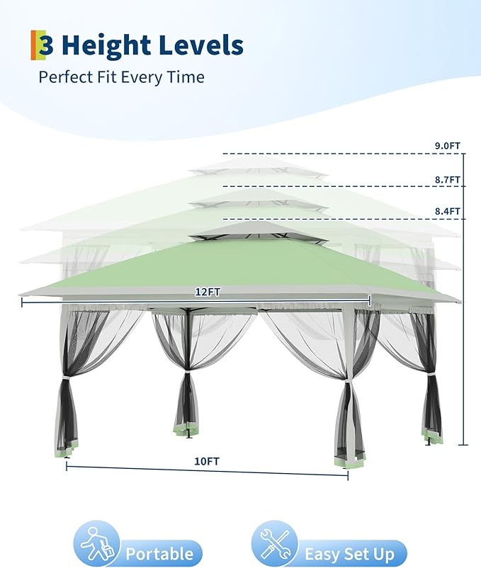 GarveeLife Canopy Tent 12x12 ft, Pop Up Gazebo One-Push Setup with 4 SandBags for Backyard Parties and BBQs, Mosquito Netting & Height Adjustable - Olive Green