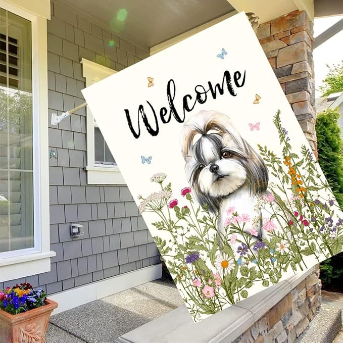 Floral Shih Tzu Garden Flag Spring Summer House Flags 28 x 40 Double Sided Flower Dog Yard Flags for Outside Large Outdoor Welcome Flags