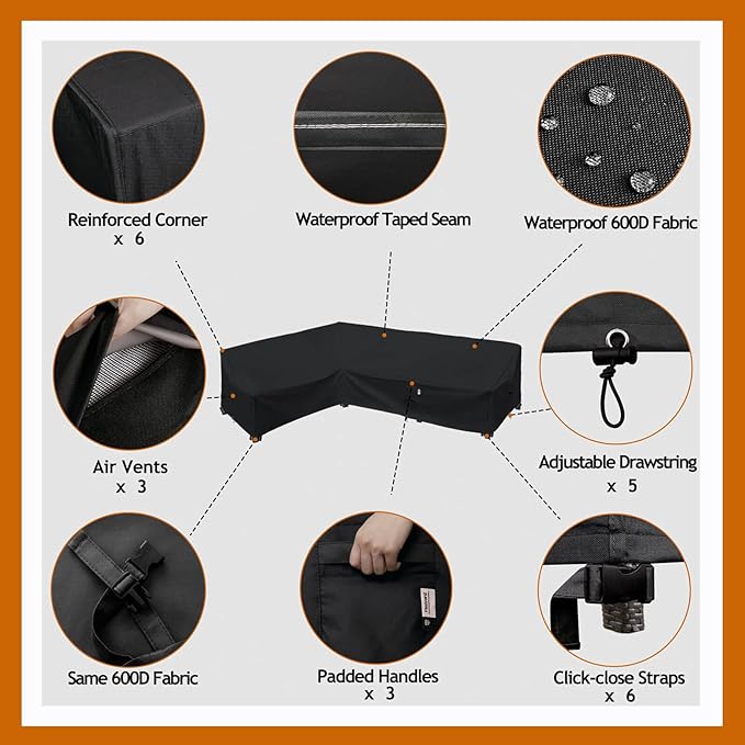 Heavy Duty Outdoor Sectional Sofa Cover, 83"X115" L Shaped Waterproof 600D Patio Sectional Couch Cover, Lawn Patio Furniture Cover (Midnight Black, L-Shaped-Left Facing-83 x115)