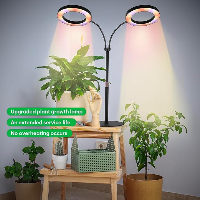 Dual-Head Grow Lights for Indoor Plants, LED Full Spectrum Plant Lamp with Timer 3/9/12H, 10 Dimmable Levels, Flexible Gooseneck, Height Adjustable 14"-23" for House Plants & Seedlings