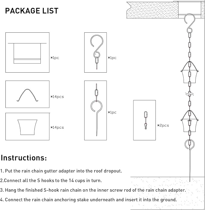 Rain Chains for Gutters with Adapter,Wrought Iron Rain Chain Set 8.5 Ft Not Rust, Gotta Drain with Sturdy Anchoring Stake, 14 Cups, 1 Hook, Adjustable Gutter Downspout for Outdoor Decorative