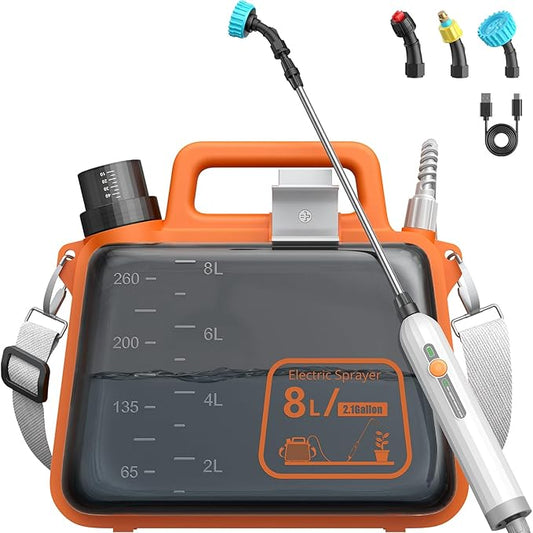 2 Gallon Electric Garden Sprayer, Battery Powered Weed Sprayer with Telescopic Wand, 3 Adjustable Nozzles, Garden Sprayer with Collapsible Tank, Shoulder Strap for Lawn Care, Plant Watering & Cleaning