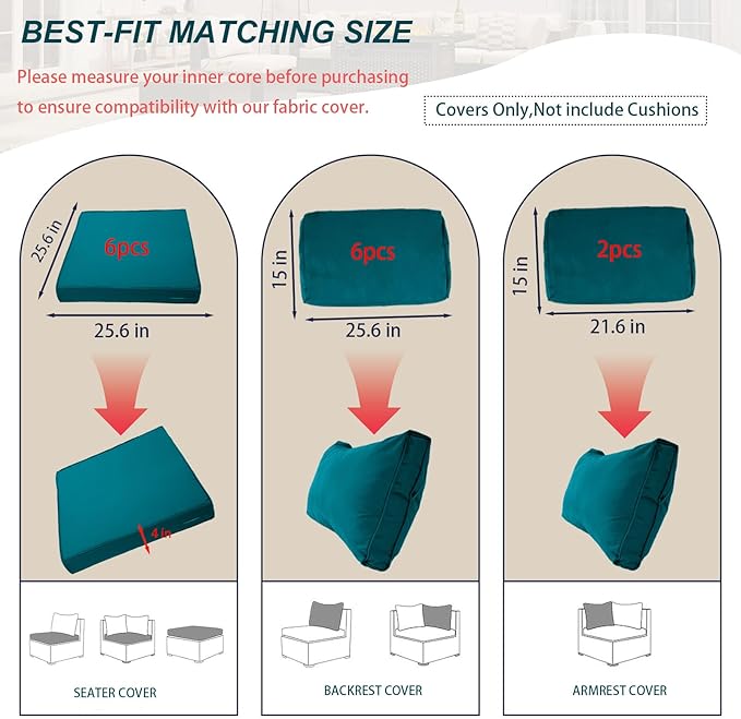 Outdoor Cushion Covers for Patio Furniture, Patio Cushion Covers Replacement with Zipper, Waterproof & Fade Resistant,Only Cover (Turquoise, 25.6Lx25.6Wx4H - Only Covers)