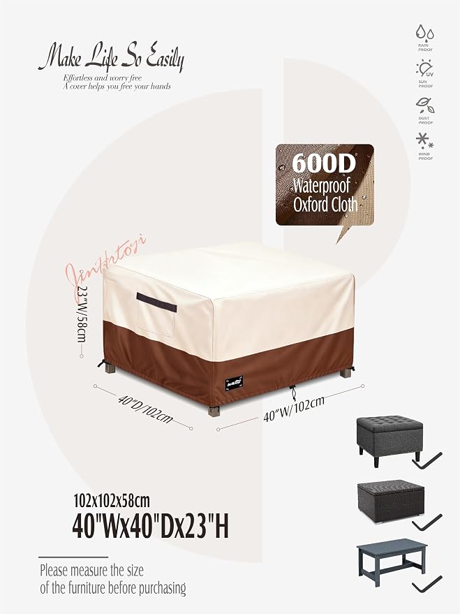 JinHrtoyi Patio Square Table Cover,40Wx40Dx23H Inches 100% Waterproof Heavy Duty Outdoor Coffee Table Cover,Beige&Brown Modern Style Outdoor Furniture Covers