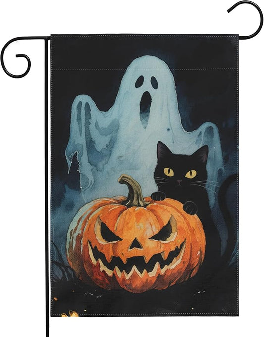 Scary Ghost Pumpkin Halloween Garden Flag 12x18 Inch Black Cat Halloween Theme Holiday Decorative Yard Flags for Outside Double Sided Outdoor Home Farmhouse Decoration Porch Decor