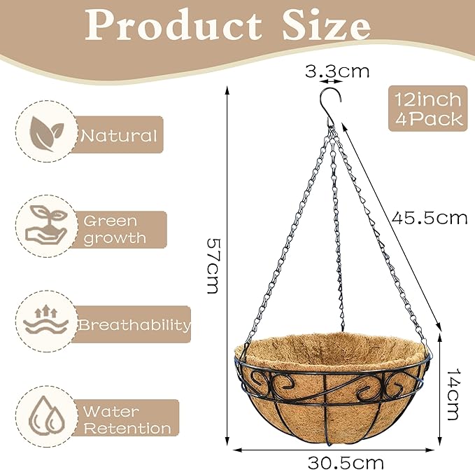 EIMQUVW Outdoor Metal Hanging Planters Basket (4pack, 12 inch) Hanging Baskets for Plants Chain Round Wire Plant Holder with Coco Fiber Liners for Garden, Patio, Deck, Porch(Flower Border)