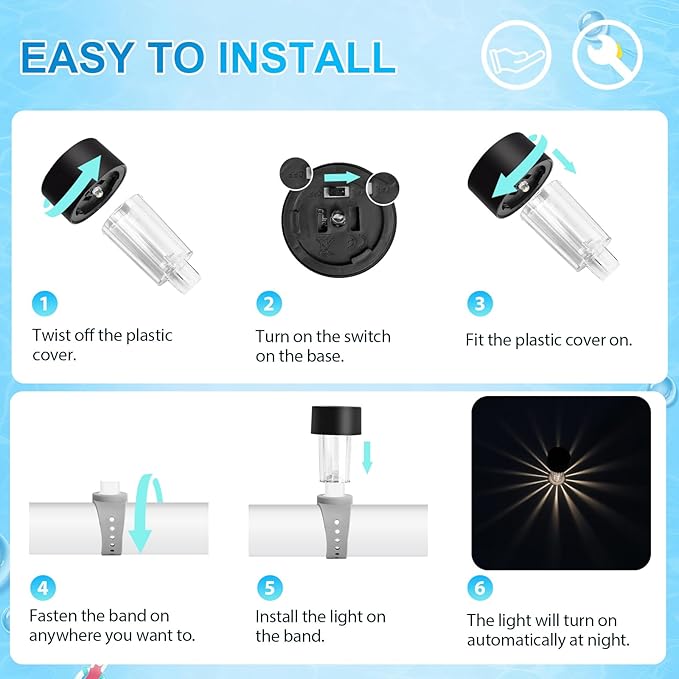 BITIWEND Solar Pool Lights for Above Ground Pools, Strap-on Pool Frame Lights with Adjustable Straps (Max 2.3"), Waterproof Dusk to Dawn Warm White LED Lights