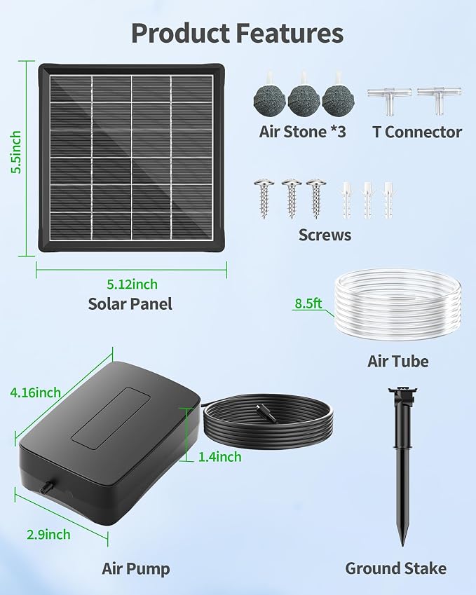 POPOSOAP Solar Pond Aerator with Battery Backup, 3W Solar Air Pump for Pond 24/7 Oxygenation, 3 Working Modes & Low Noise for Small Ponds Fish Tanks Hydroponics P9135