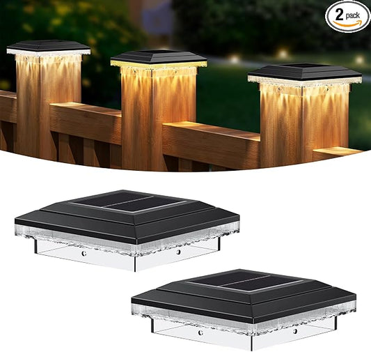4x4 Solar Post Cap Lights Outdoor, 16 LED Fence Post Solar Lights with 3 Light Modes, Deck Post Lights Solar Powered Waterproof Fits 4x4 Posts Vinyl Wooden Posts for Deck Patio(Black, 2 Pack)