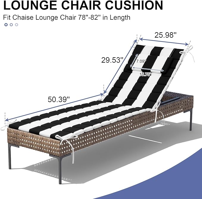 Crestlive Products Chaise Lounge Cushion Outdoor Set of 2, Waterproof Foldable Pool Lounge Chair Cushions with Straps 80''Lx26''W, Lounger Cushions for Outdoor Furniture, Patio, Black Stripe