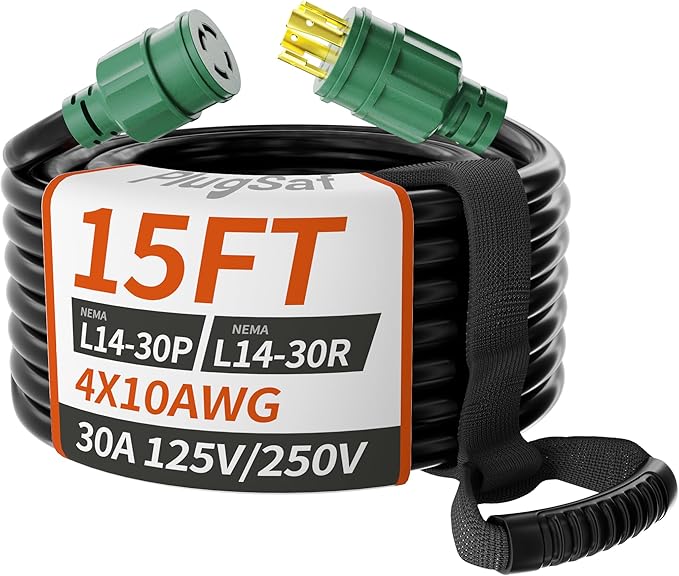 PlugSaf 15FT 30 Amp Generator Extension Cord 4 Prong, NEMA L14-30P/L14-30R 10 Gauge STW 125/250V Twist Lock Generator Cord Heavy Duty, Black ETL Listed