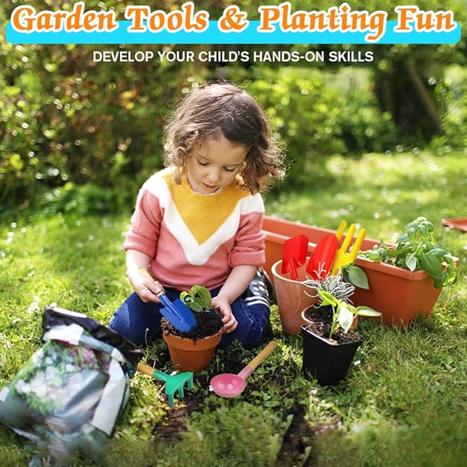 6 Piece Kids Gardening Tools, Children Beach Sand Box Toys, Made of Metal with Sturdy Wooden Handle, Safe Beach Gardening Set, Spoon, Fork, Rake & Shovel, Gifts for Kids