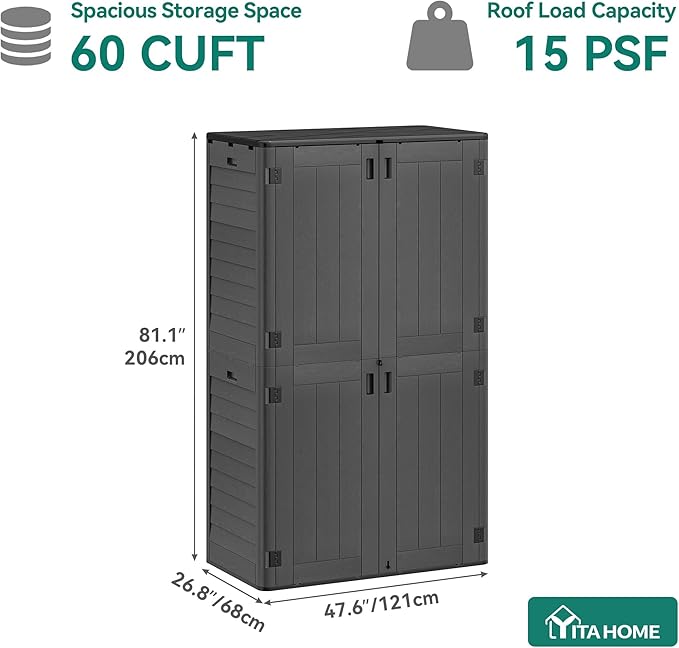 YITAHOME 60 cuft Vertical Outdoor Storage Shed w/o Shelf, Large Waterproof Storage Cabinet for Garden Shed, Tall Outdoor Storage Shed for Garage, Pool Storage, Resin, Lockable, Dark Gray