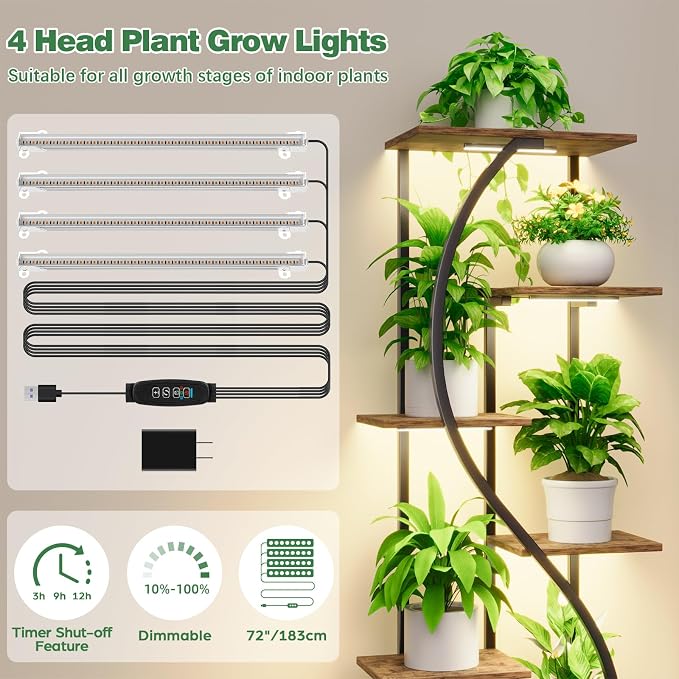 MJOMKN 59" Tall Plant Stand with Grow Light Indoor, 7 Tiered Metal Plant Shelf, S-Shaped Flower Display Stand, Corner Storage Shelf for Living Room, Patio, Balcony Decor