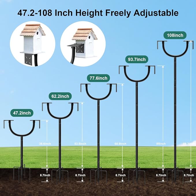 92 Inch Bird Feeder Pole 2 Platform Outdoor Support Stand | Multi-purpose pole fits bird houses, feeders and various outdoor supplies，Heavy duty sturdy metal structure