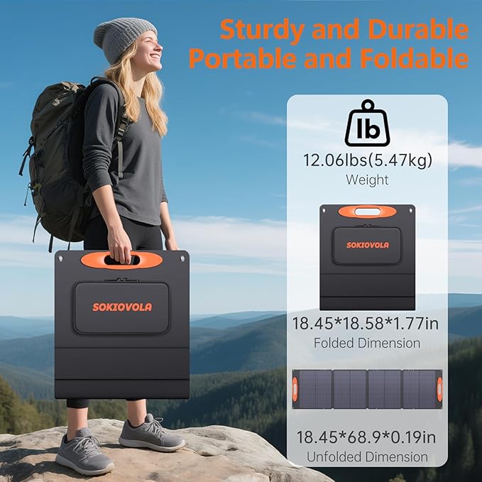 SOKIOVOLA N-Type 16BB 120W Portable Solar Panel for EF/Jackery/Bluetti/Anker Power Station 25% High Efficiency Foldable Solar Panel Charger with QC3.0 USB-A &Type-C Output IP68 for Outdoor Camping RV