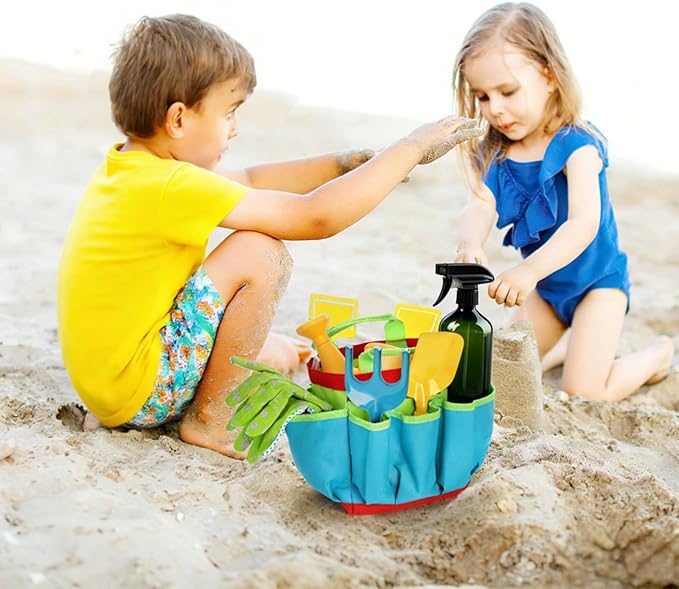 Cididu 8PCS Kids Garden Tools Set, Boys Girls Gardening Kit Tools Including Watering Can, Spray Bottle, Tote Bag, Trowel, Rake, Outdoor Garden Toy Gift for Beach
