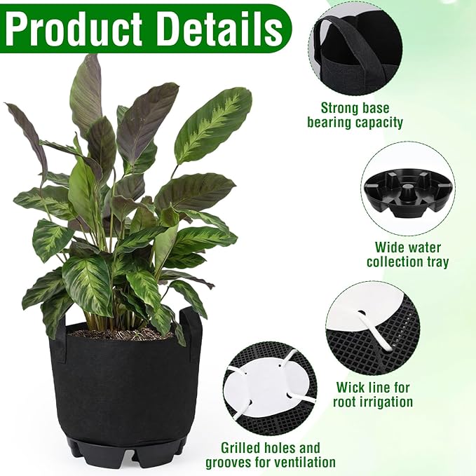 Jingmore 6 Set Self Watering Fabric Pot Base 5 Gallon Plant Nonwoven Grow Bags Automatic Watering System Plant Saucer Elevated Flower Trays with Handles for Fruits Vegetables Flowers Grow(Black)
