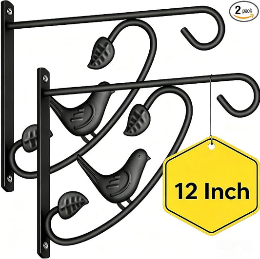 AMAGABELI GARDEN & HOME 2 Pack Hanging Brackets Plant Hanger Outdoor 12inch Metal Fence Wall Planter Hooks for Hanging Flower Baskets Bird Feeders Lanterns Wind Chimes Rust-Resistant Black