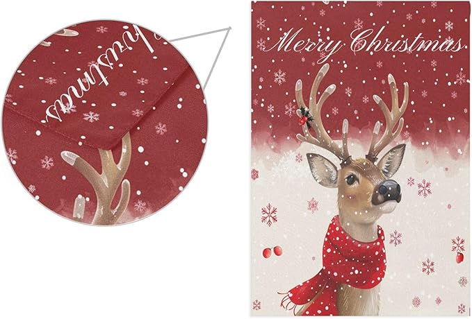 Merry Christmas Reindeer House Flag 28x40 Inch Double Sided Outside Winter Snowflake Poinsettia Xmas Seasonal Yard Outdoor Flag Banner for Garden Lawn Patio Holiday Decorations