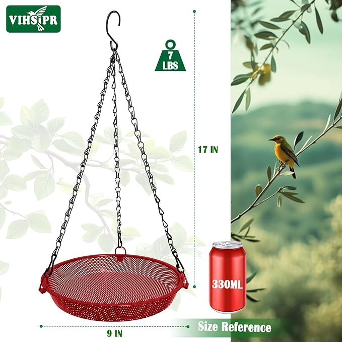 Hanging Bird Feeder for Outdoors – 9 in Metal Mesh Bird Feeder Tray Platform for Small Wild Birds, Red