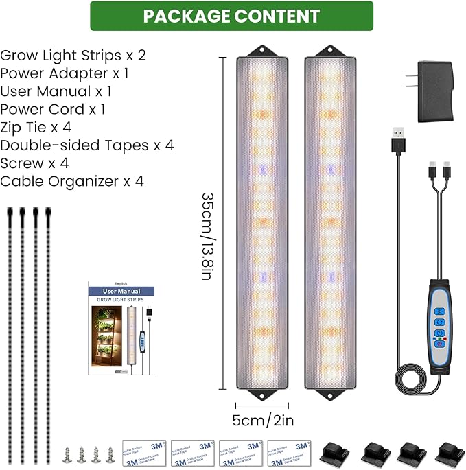 Wolezek Grow Lights for Indoor Plants, 210 LEDs Full Spectrum Plant Grow Light Strips with 6/12/16H Auto Timer, 13.8 Inches Bright Grow Lamp Bar for Plant Shelves and Cabinet, 2 Pack
