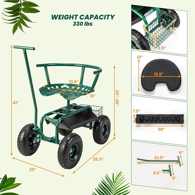 Rolling Garden Seat with Wheels, Garden Cart with 360° Swivel Seat for Planting, Garden Stool Scooter with Replaceable Handle & Removable Cushion, Height Adjustable Outdoor Gardening Workseat