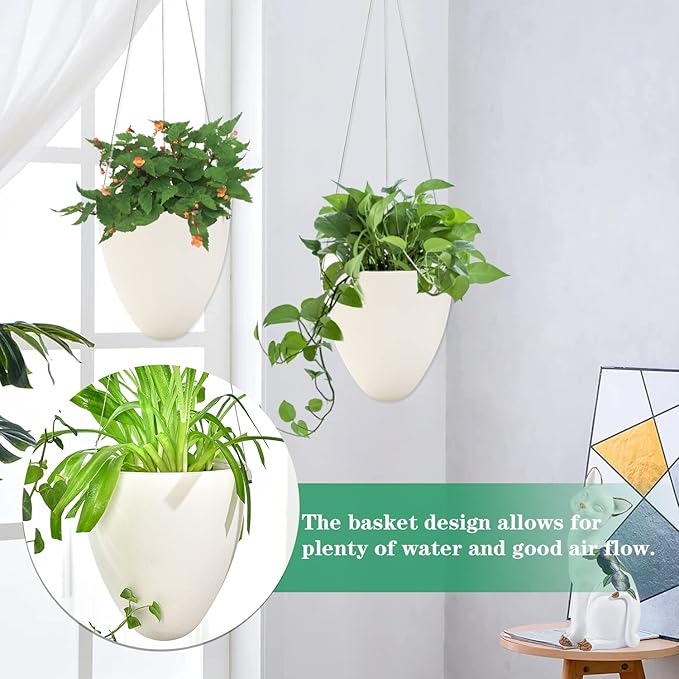 Sungmor 3 Pack Self Watering Hanging Planters, Unique Eggshell Shape Indoor Outdoor Hanging Pots for Plants, Modern White Plastic Flower Pots Home Decor Hanging Basket