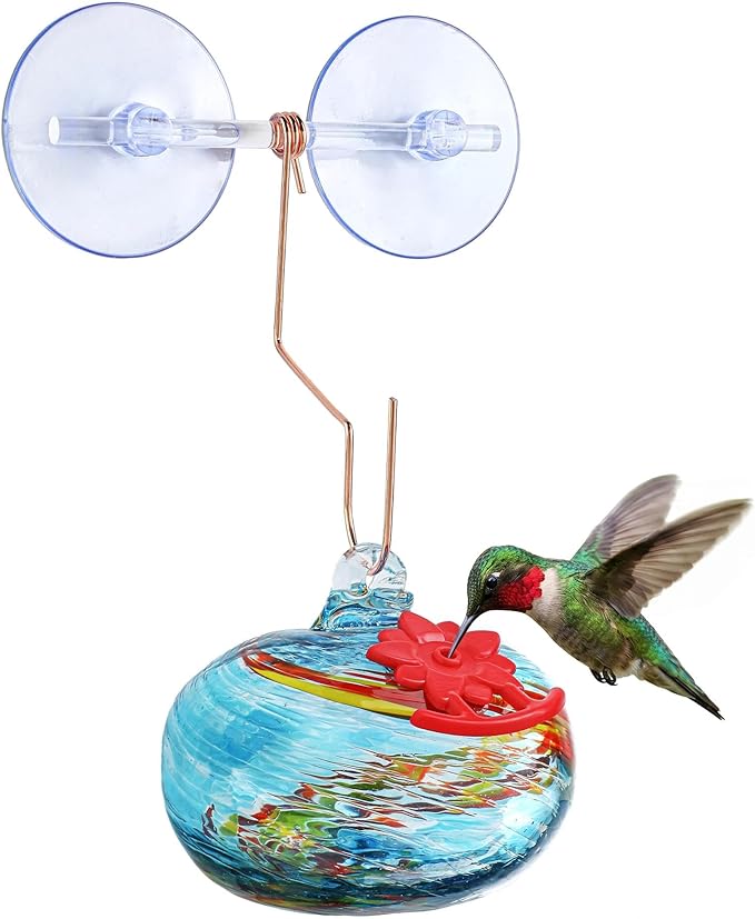QFkris Blown Glass Hummingbird Feeder with Suction Cups for Window, Small Hummingbird Feeder with Flower Feeding Ports for Outside Garden Backyard Decor, Gifts for Women Mom(Blue)