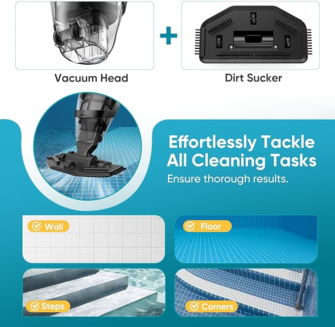 Cordless Pool Vacuum for Above Ground and Inground Pools, 18 GPM Powerful Suction Handheld Rechargeable Pool Cleaner with Versatile 4-Section Pole, 1H Runtime, Ideal for Leaves, Sand and Debris