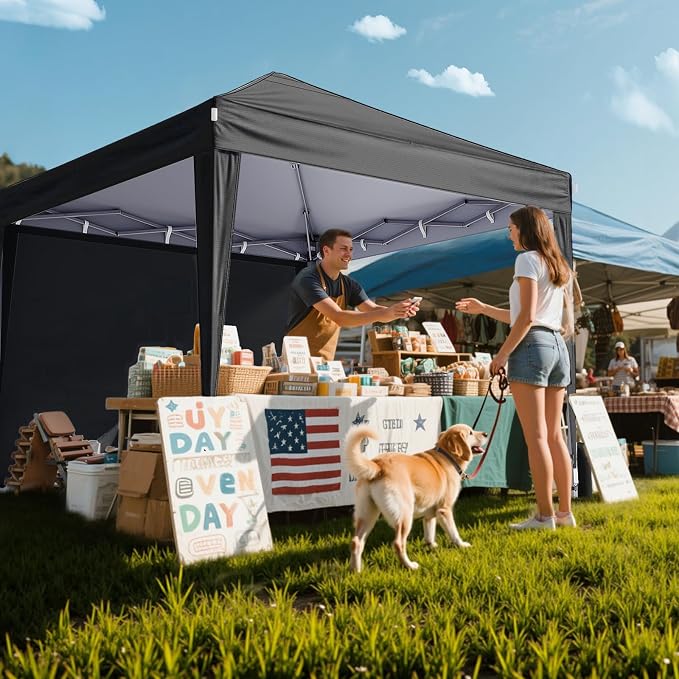 Driftalia 10x10 Pop Up Canopy with Sidewalls, Outdoor Instant Canopy Tent with Carry Bag for Commercial Events, Camping, Backyard Parties - Black