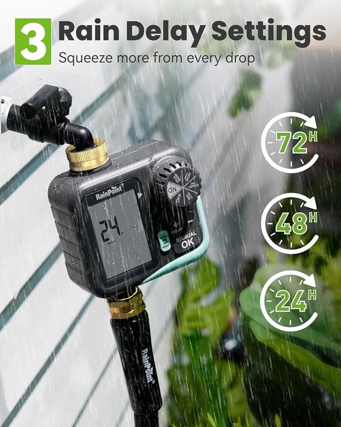 RAINPOINT Sprinkler Timer for Garden Hose - Hose Timer with Cycle & Soak/Rain Delay/Automatic Watering/Manual Watering, Programmable Irrigation System with Large Display, Brass Inlet & Outlet